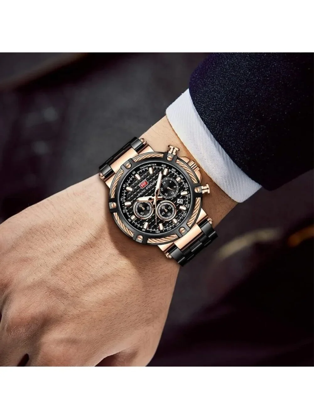 Men's Black Golden Stainless Steel Band Chronograph Waterproof Luminous Watch